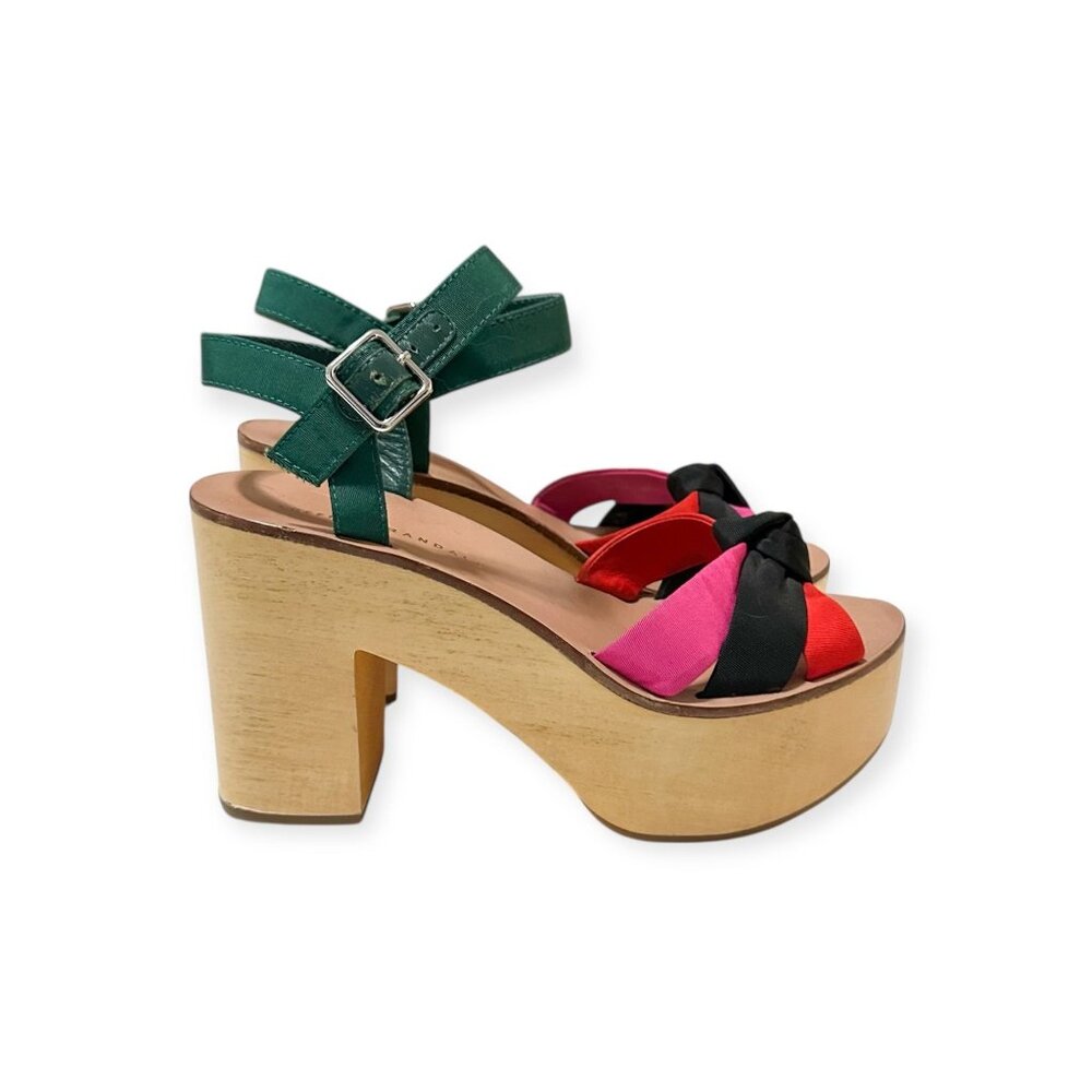 Loeffler Randall Elsa Platform Sandals Wood Clog Multi Silk Knot Heel Size 6 - Picture 8 of 16